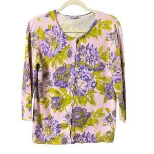 Isaac Mizrahi colorful summer floral preppy buttonup cardigan sweater top Medium